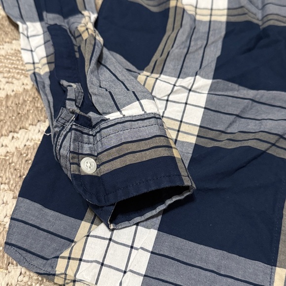Express Men's Navy, Tan and White plaid button down shirt  XS - Picture 5 of 6